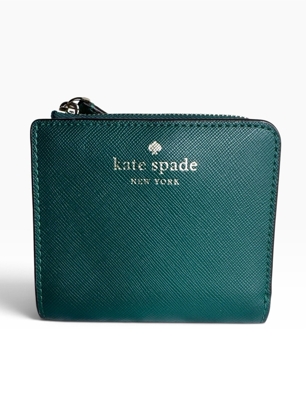 Kate Spade Emerald Green Saffiano Leather Zip Compact Wallet